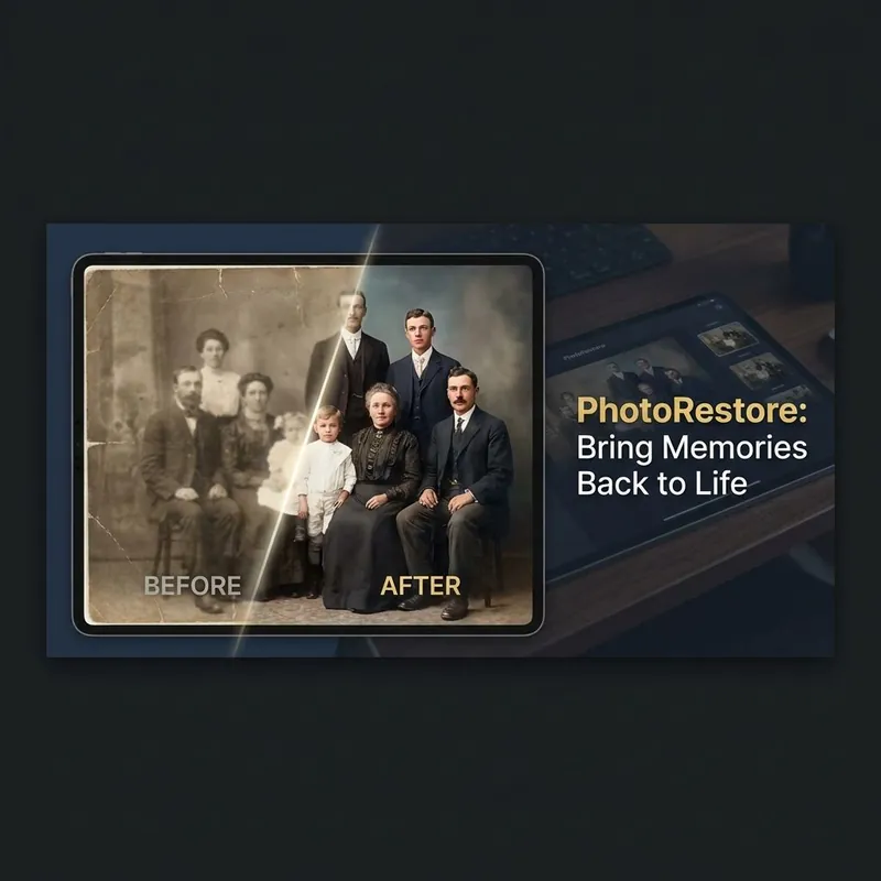 PhotoRestore banner showing AI old photo repair and colorization results