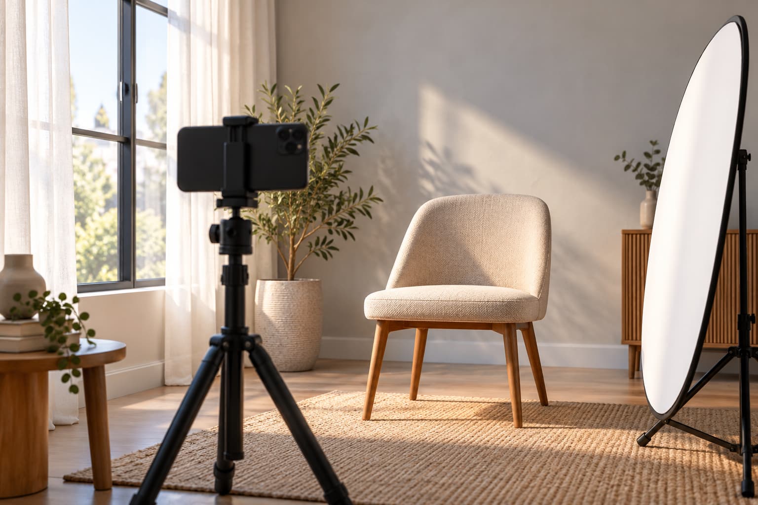 Editorial illustration of a phone tripod, chair, window and reflector arranged for a home headshot