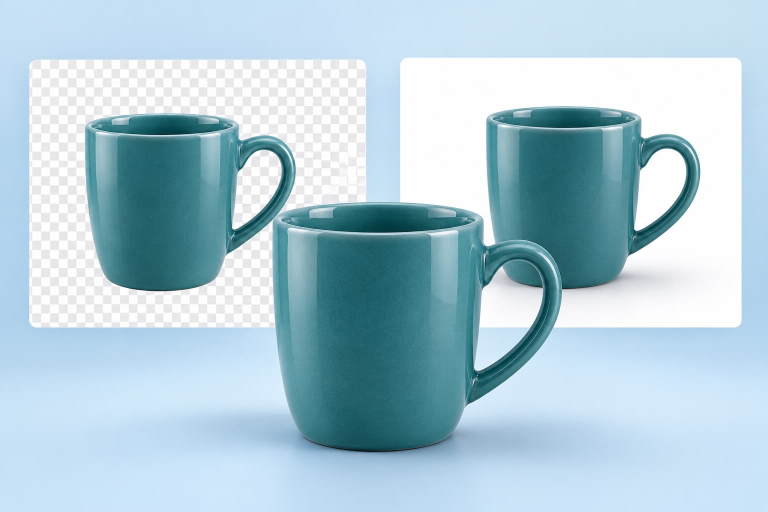 Editorial illustration comparing a teal mug cutout on a transparency grid with the same mug on white