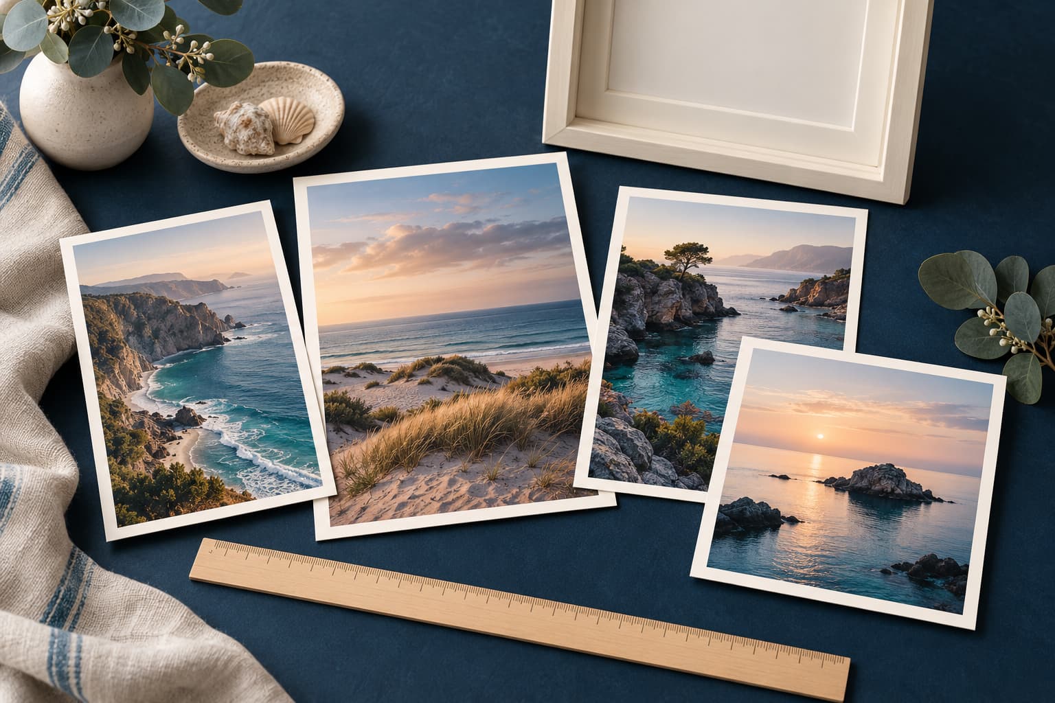 Editorial illustration of coastal photo prints in different aspect ratios beside a ruler and frame